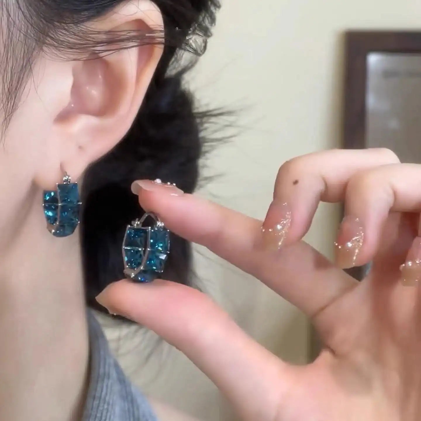French Vintage Blue Crystal Square Earrings