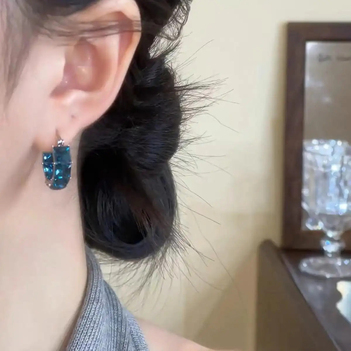 French Vintage Blue Crystal Square Earrings