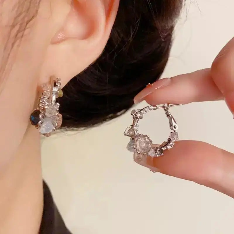 French Vintage Pink Crystal Double-Sided Hoop Earrings