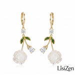French White Rose Crystal Date Drop Earrings