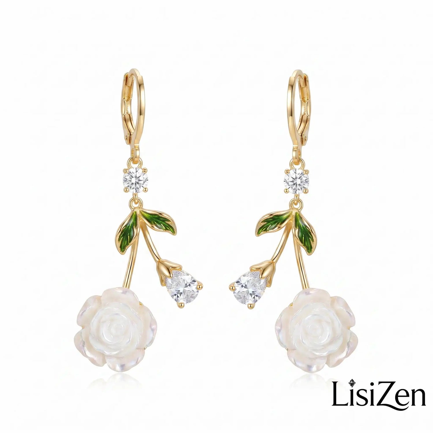 French White Rose Crystal Date Drop Earrings