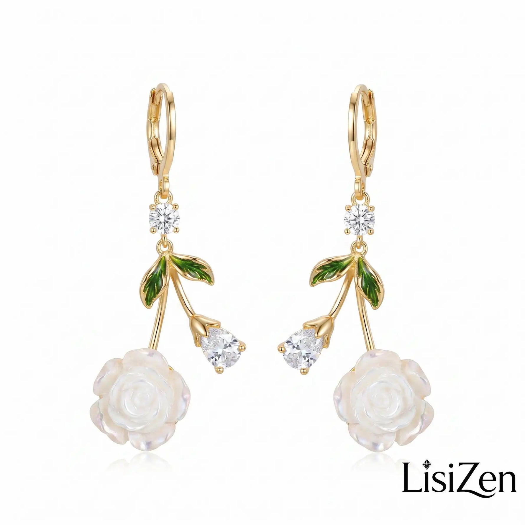 French White Rose Crystal Date Drop Earrings