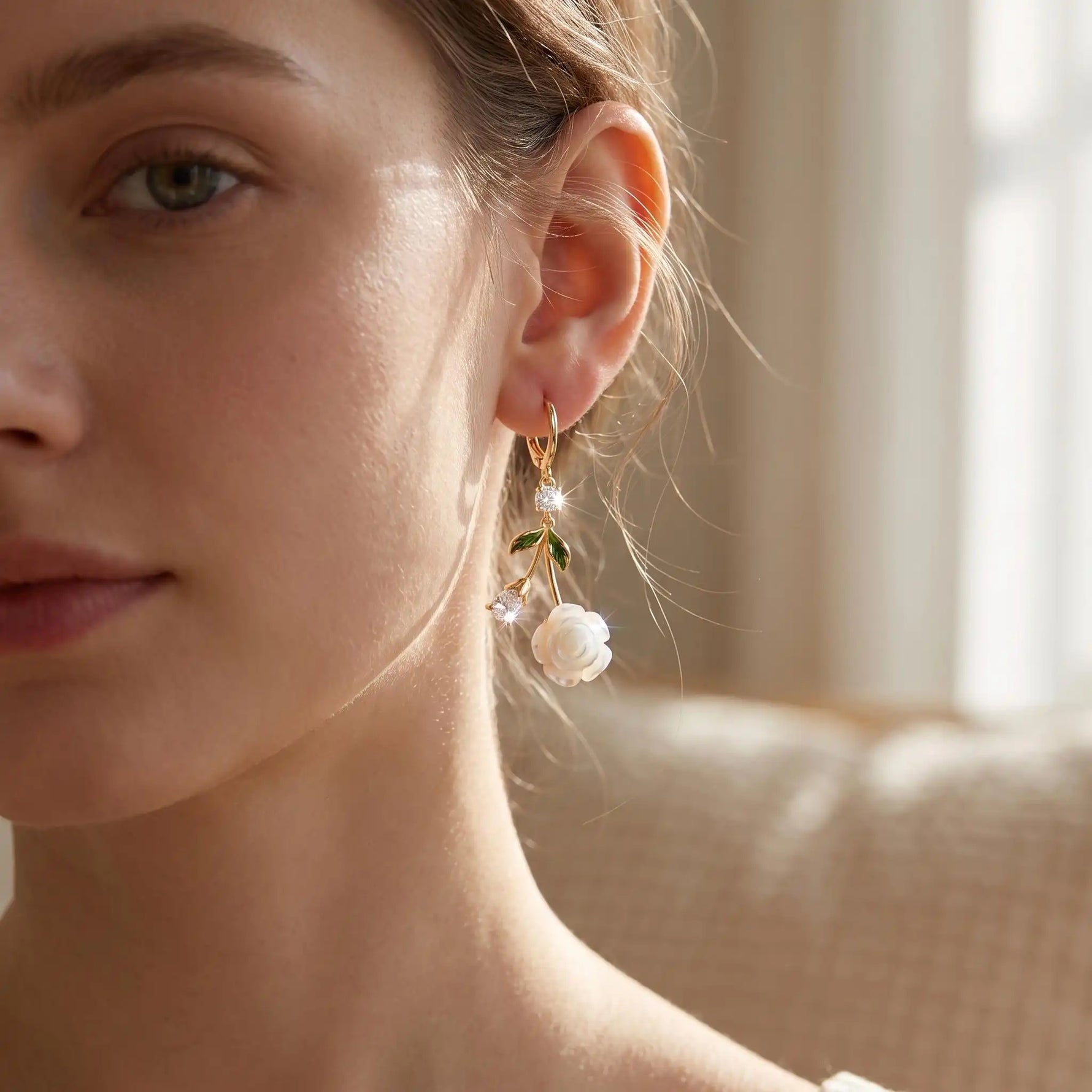 French White Rose Crystal Date Drop Earrings