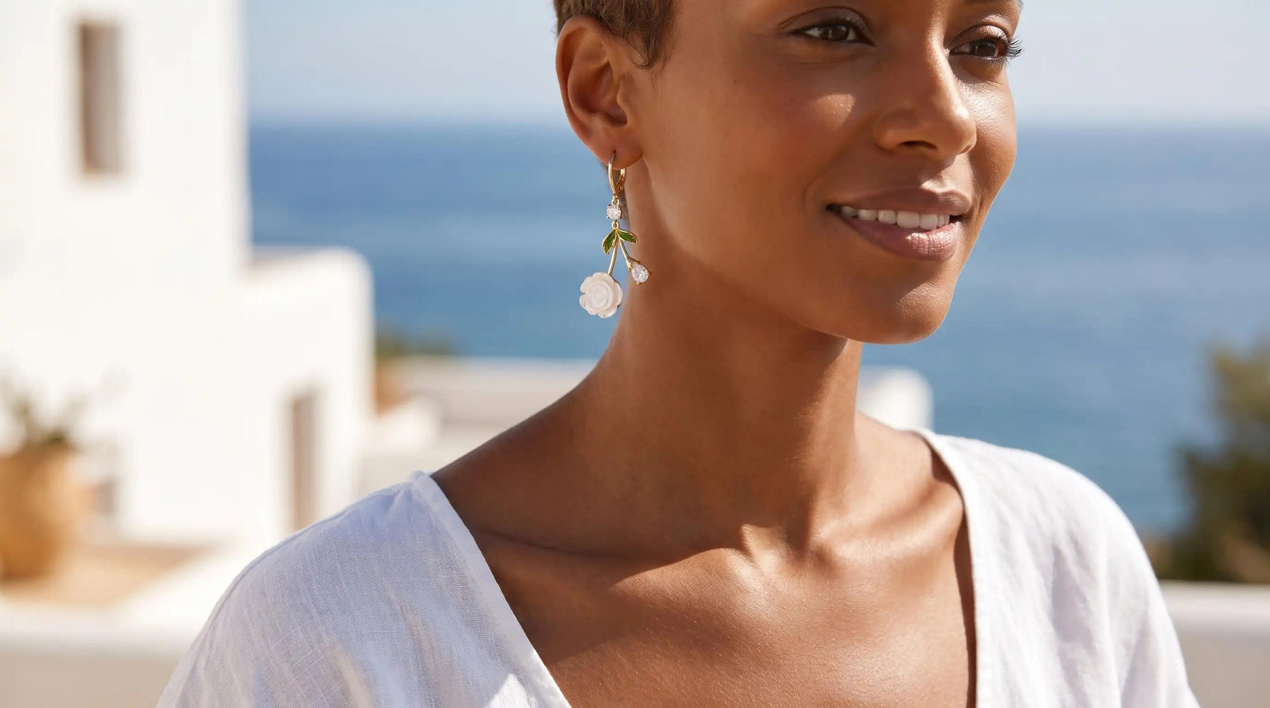 French White Rose Crystal Date Drop Earrings