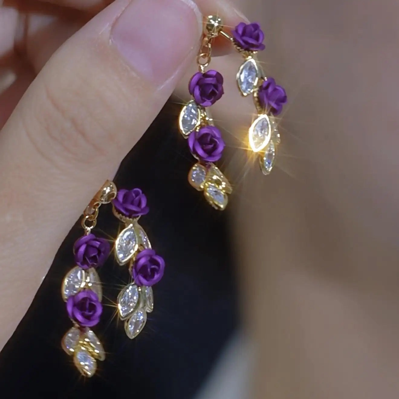 Front-Back Ultra Purple Flower Rose Stud Earrings