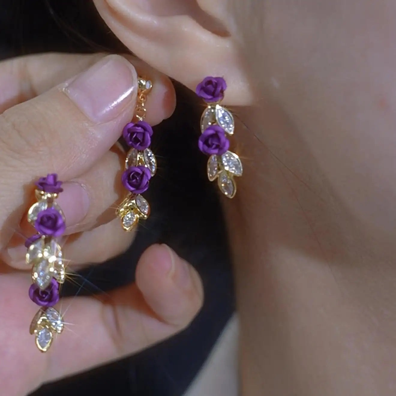 Front-Back Ultra Purple Flower Rose Stud Earrings