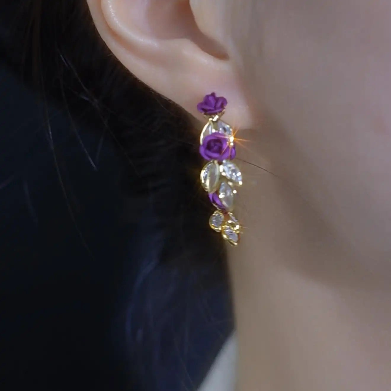 Front-Back Ultra Purple Flower Rose Stud Earrings