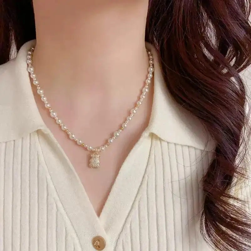 Gentle Crystal Bear Pearl Collar Necklace