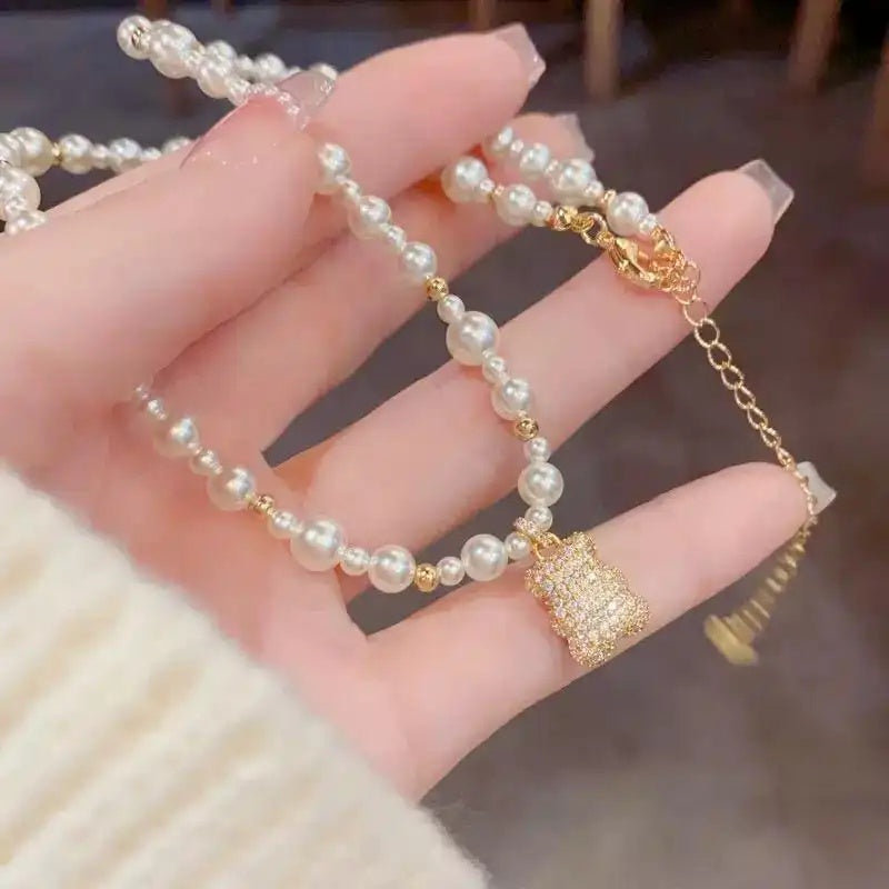 Gentle Crystal Bear Pearl Collar Necklace