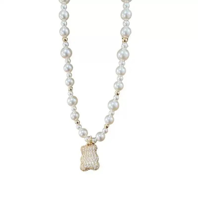 Gentle Crystal Bear Pearl Collar Necklace