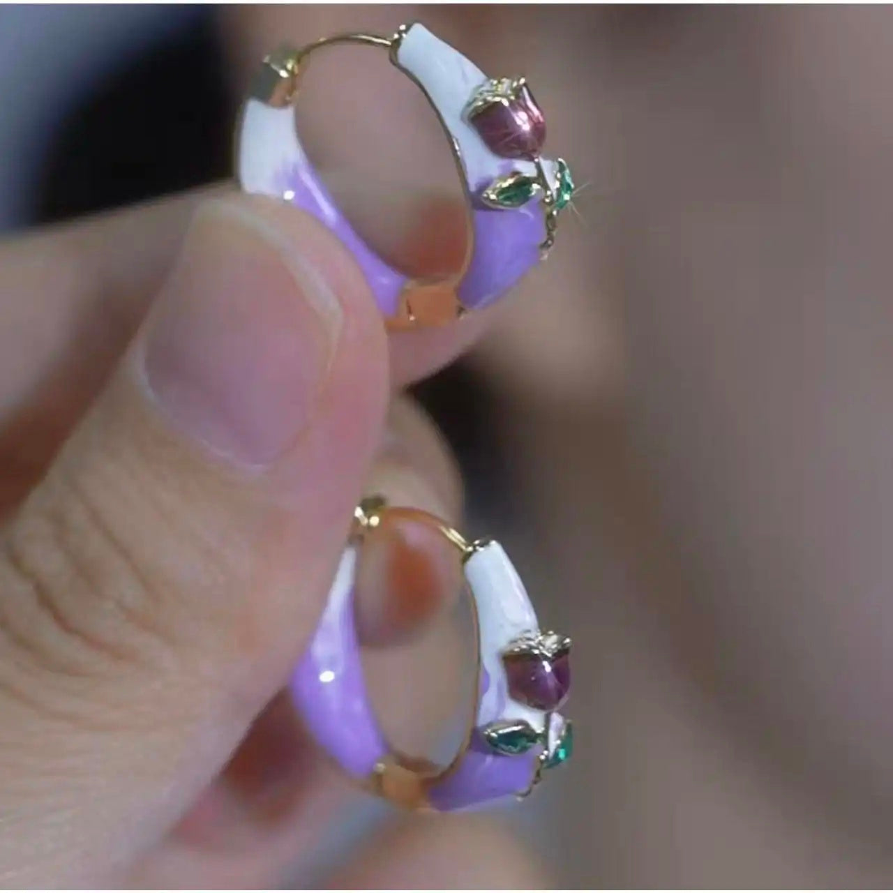 Gentle Purple Rose Flower Hoop Earrings