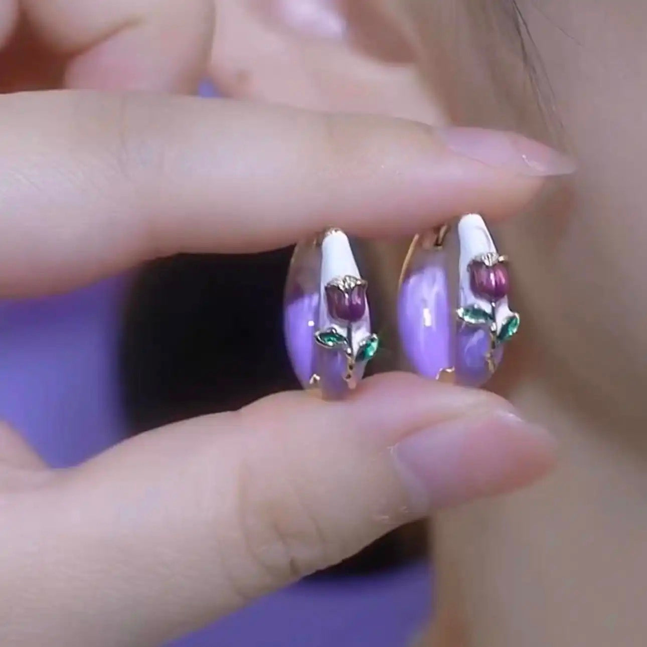 Gentle Purple Rose Flower Hoop Earrings