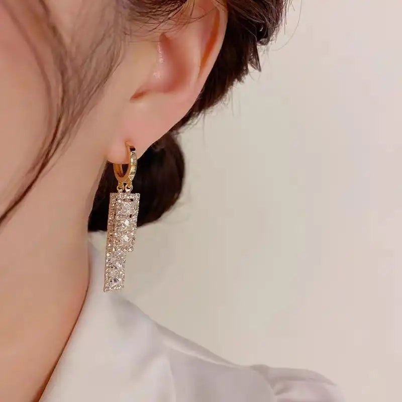 Geometric Rectangle Crystal Tassel Drop Earrings