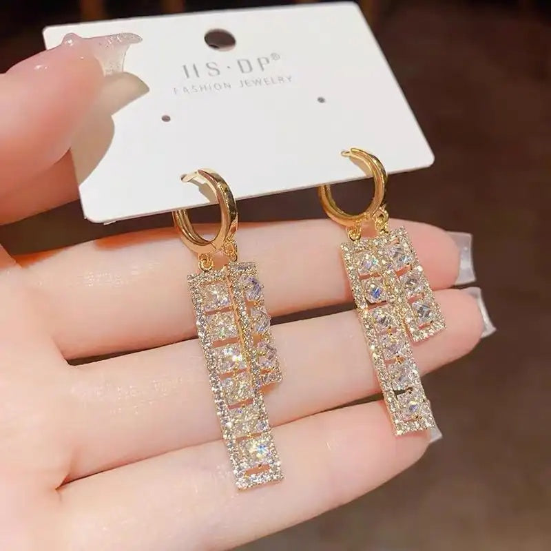 Geometric Rectangle Crystal Tassel Drop Earrings