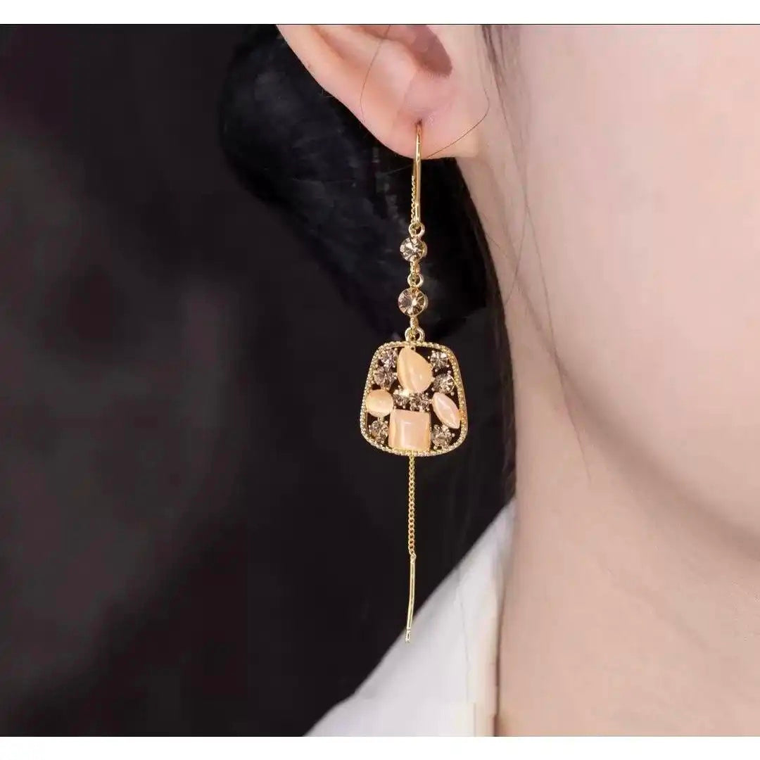 Geometric Tassel Long Crystal Drop Earrings