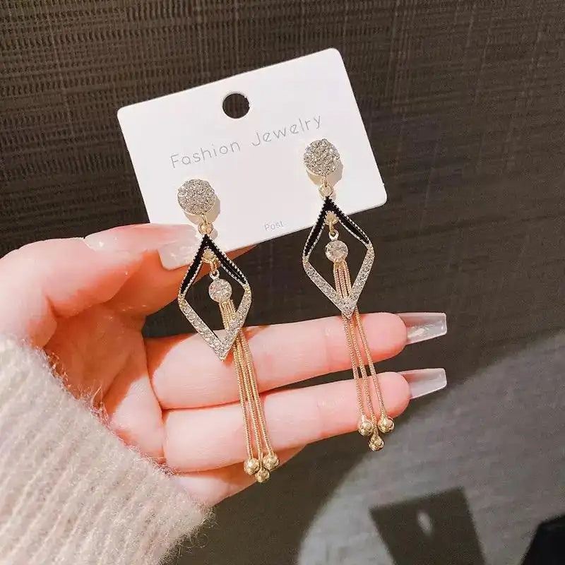 Geometric Tassel Needle Long Drop Earrings