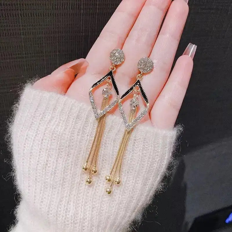 Geometric Tassel Needle Long Drop Earrings