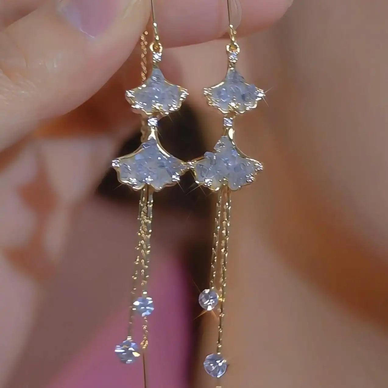 Ginkgo Leaf Tassel Drop Earrings
