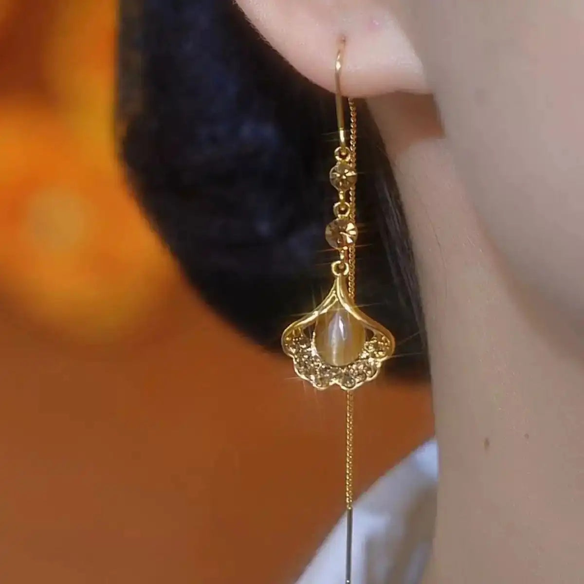 Ginkgo Leaf Tassel Long Drop Earrings