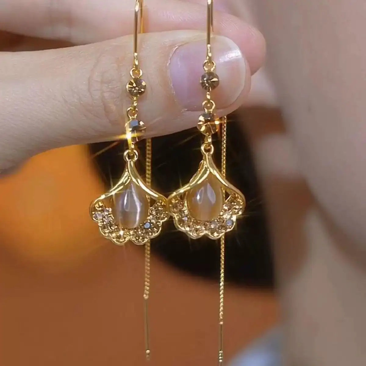 Ginkgo Leaf Tassel Long Drop Earrings