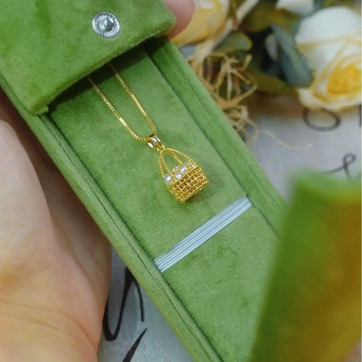 Gold Basket Pendant Necklace