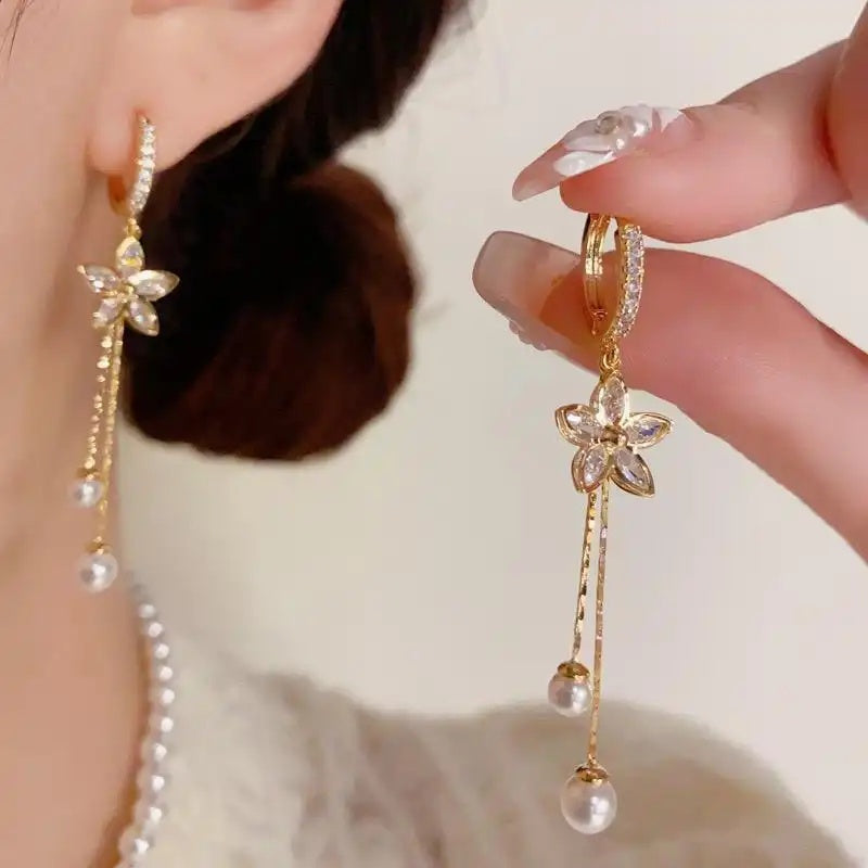 Gold Bow Pearl Tassel Drop Earrings
