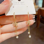 Gold Bow Pearl Tassel Drop Earrings