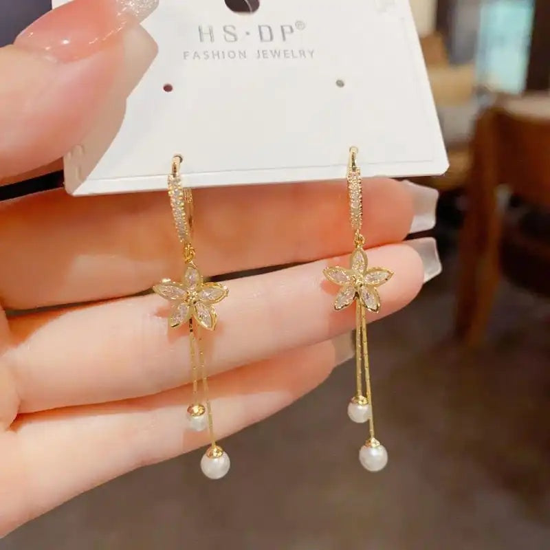 Gold Bow Pearl Tassel Drop Earrings