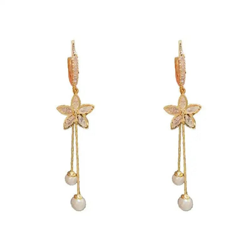 Gold Bow Pearl Tassel Drop Earrings