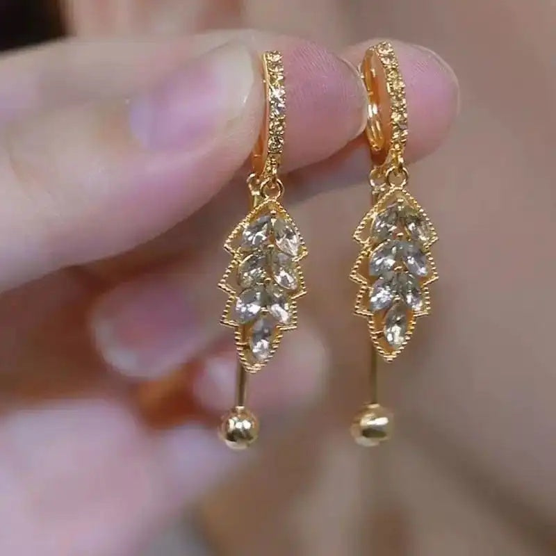 Gold Crystal Leaf Tassel Drop Earrings