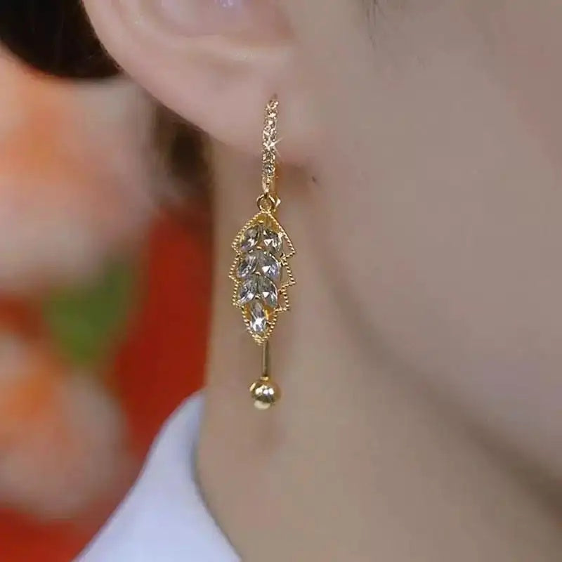 Gold Crystal Leaf Tassel Drop Earrings