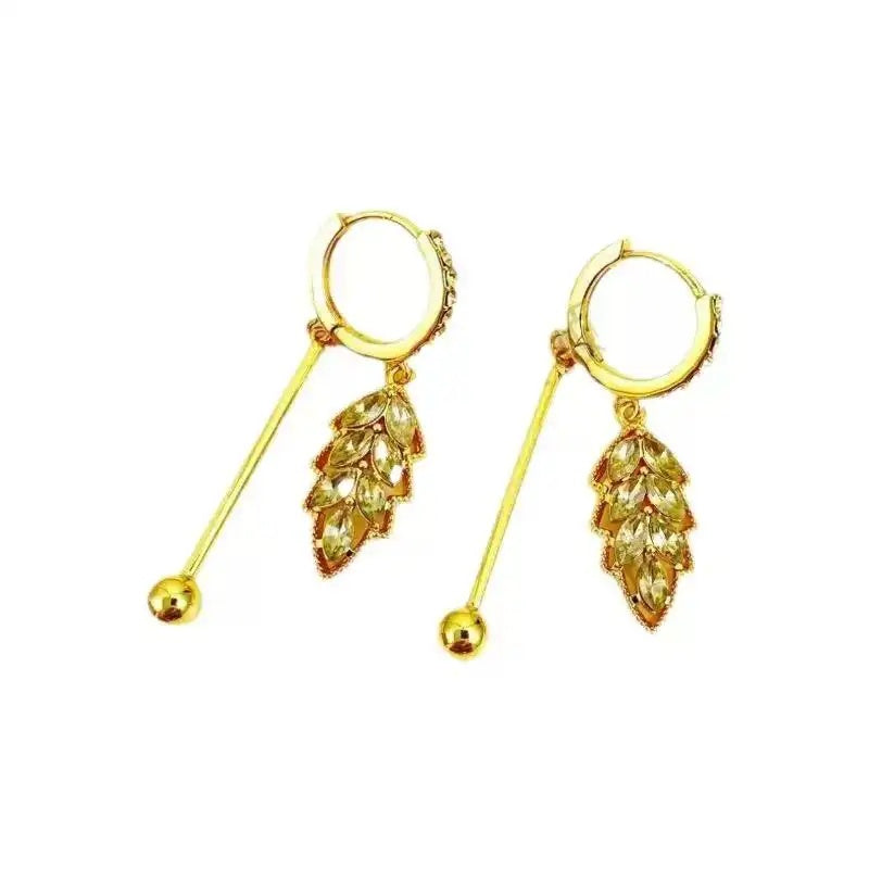 Gold Crystal Leaf Tassel Drop Earrings