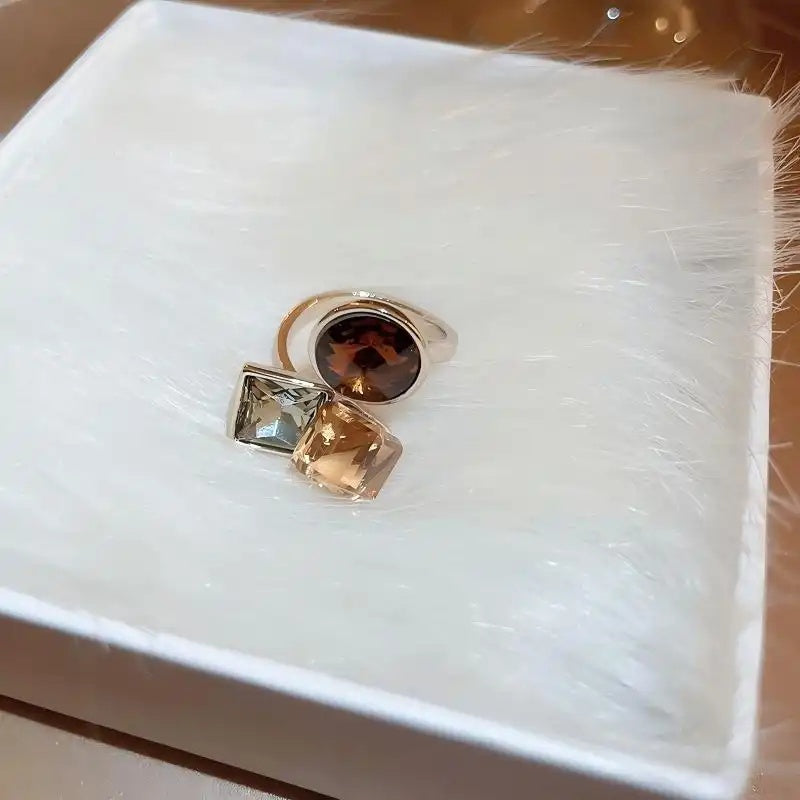 Gold- Crystal Square Circle Open Ring