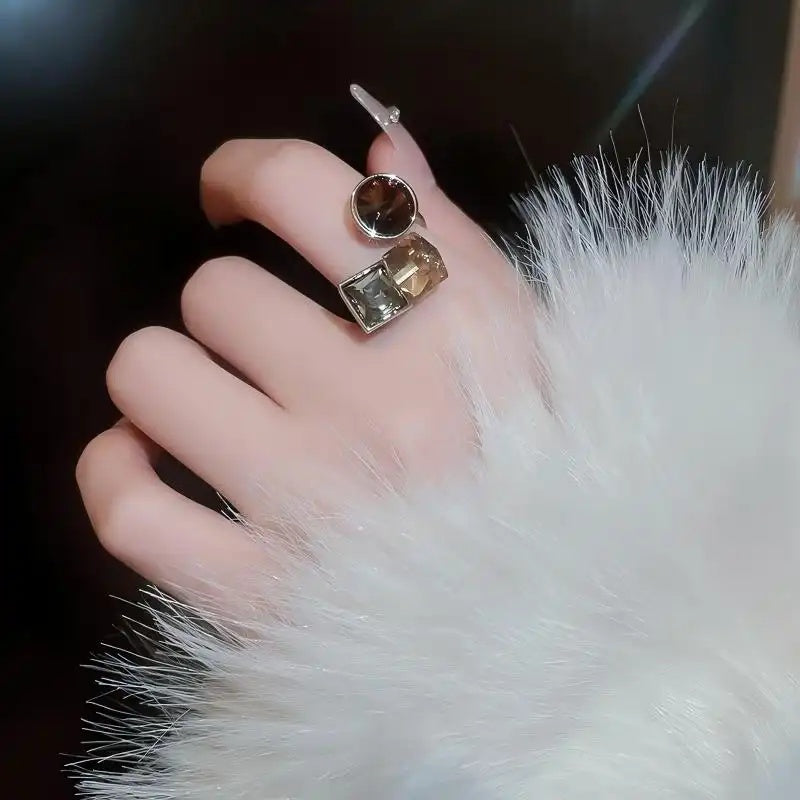 Gold- Crystal Square Circle Open Ring