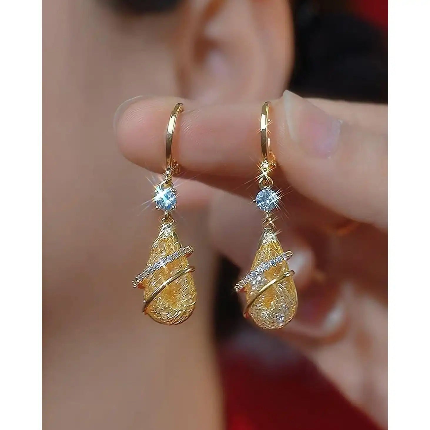 Gold Crystal Teardrop Drop Earrings