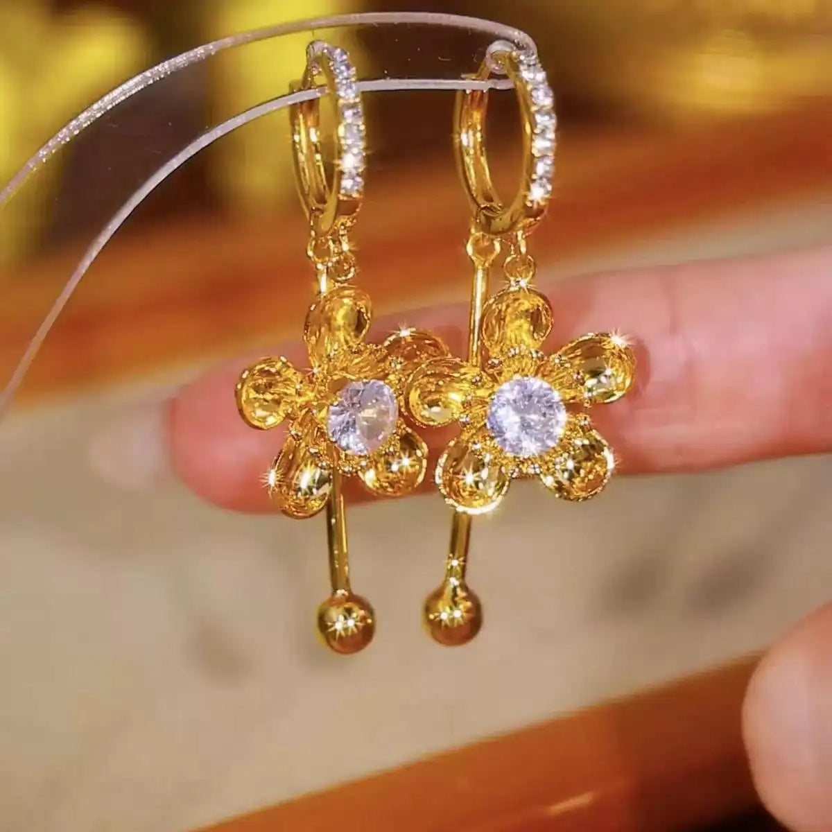 Gold Flower Bead Drop Earrings