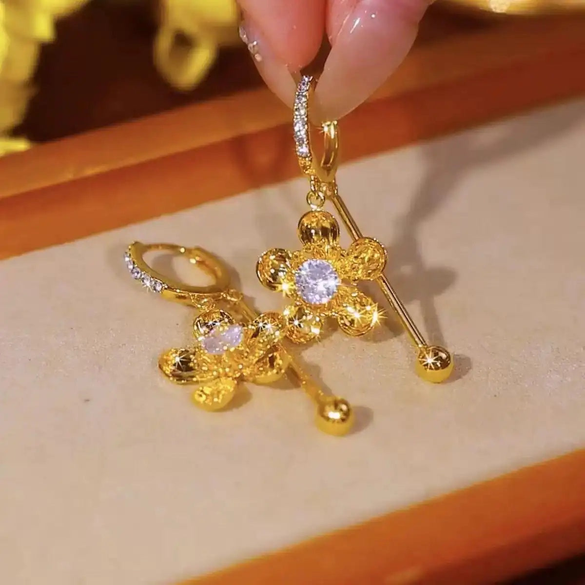 Gold Flower Bead Drop Earrings