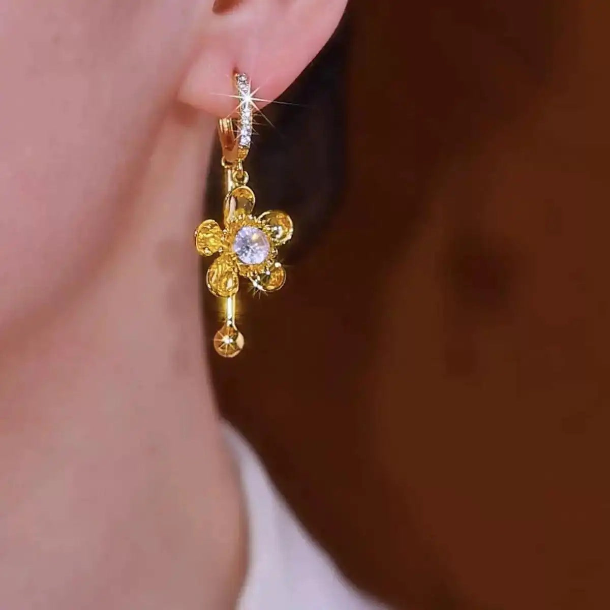 Gold Flower Bead Drop Earrings