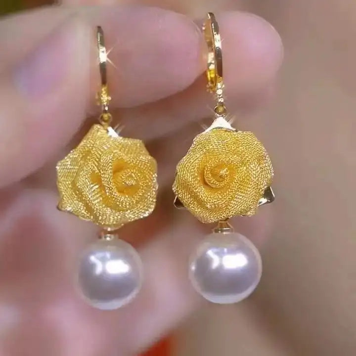 Gold Flower Pearl French Earrings