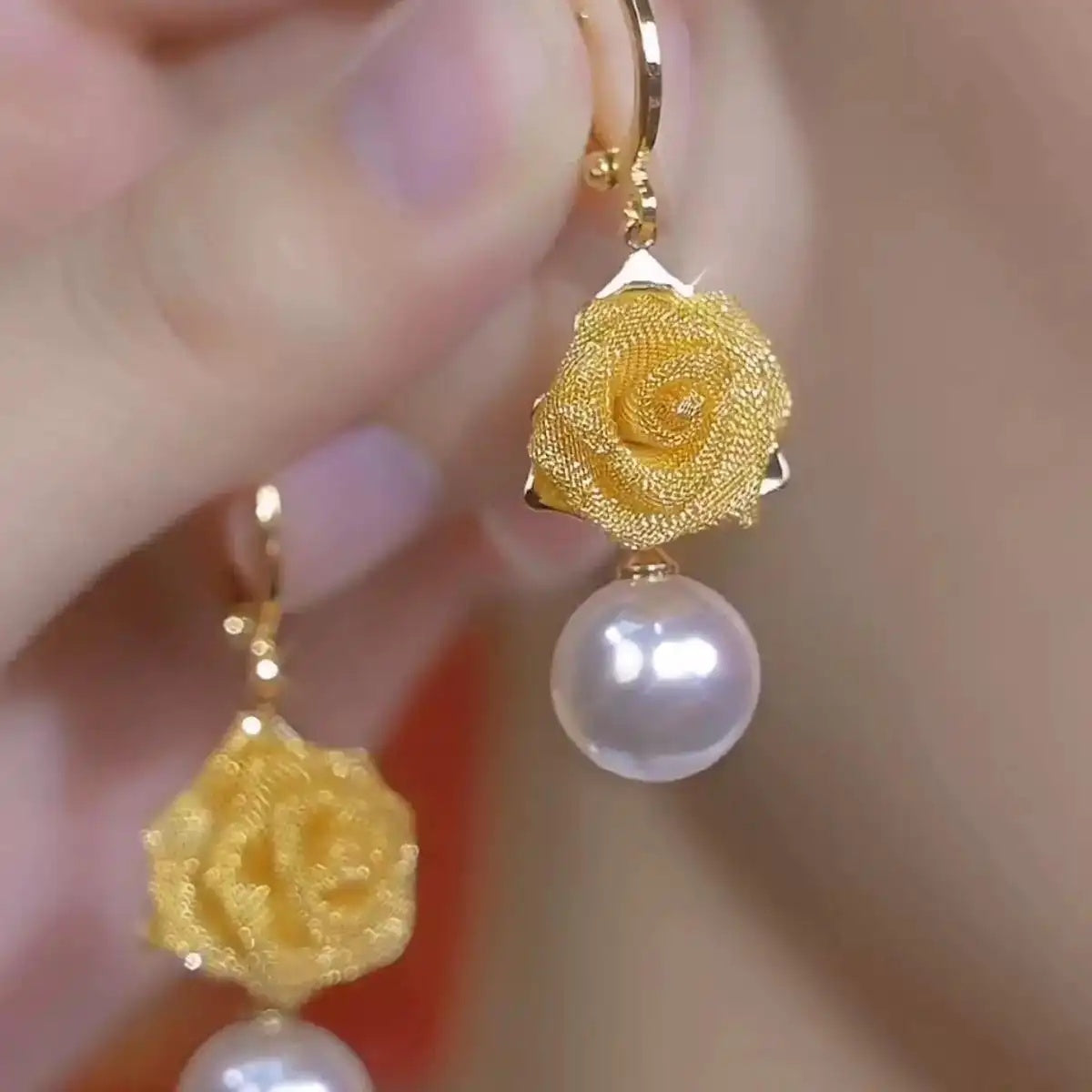 Gold Flower Pearl French Earrings