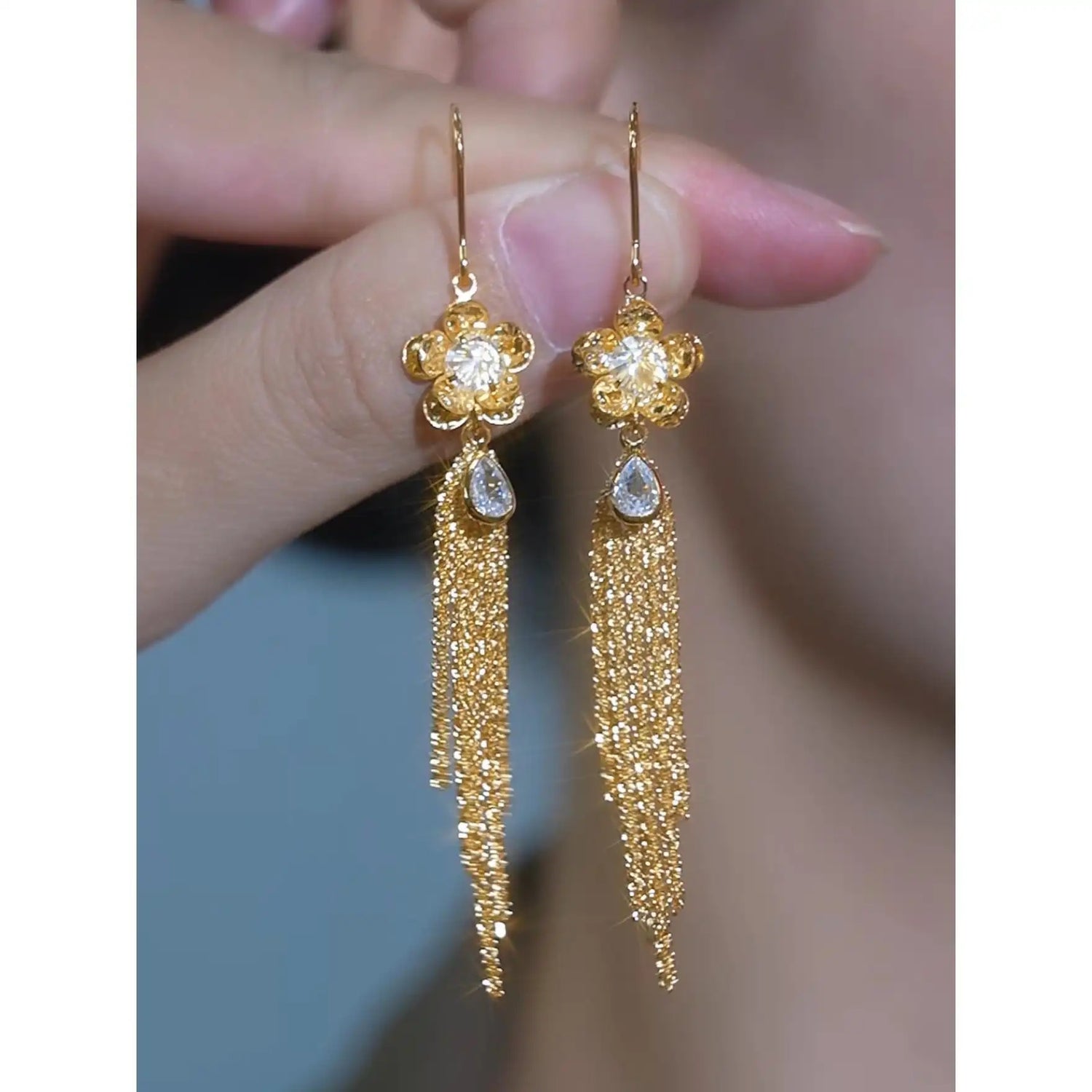 Gold Flower Tassel Drop Earrings