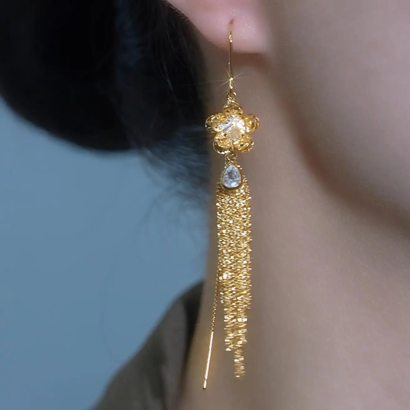 Gold Flower Tassel Drop Earrings
