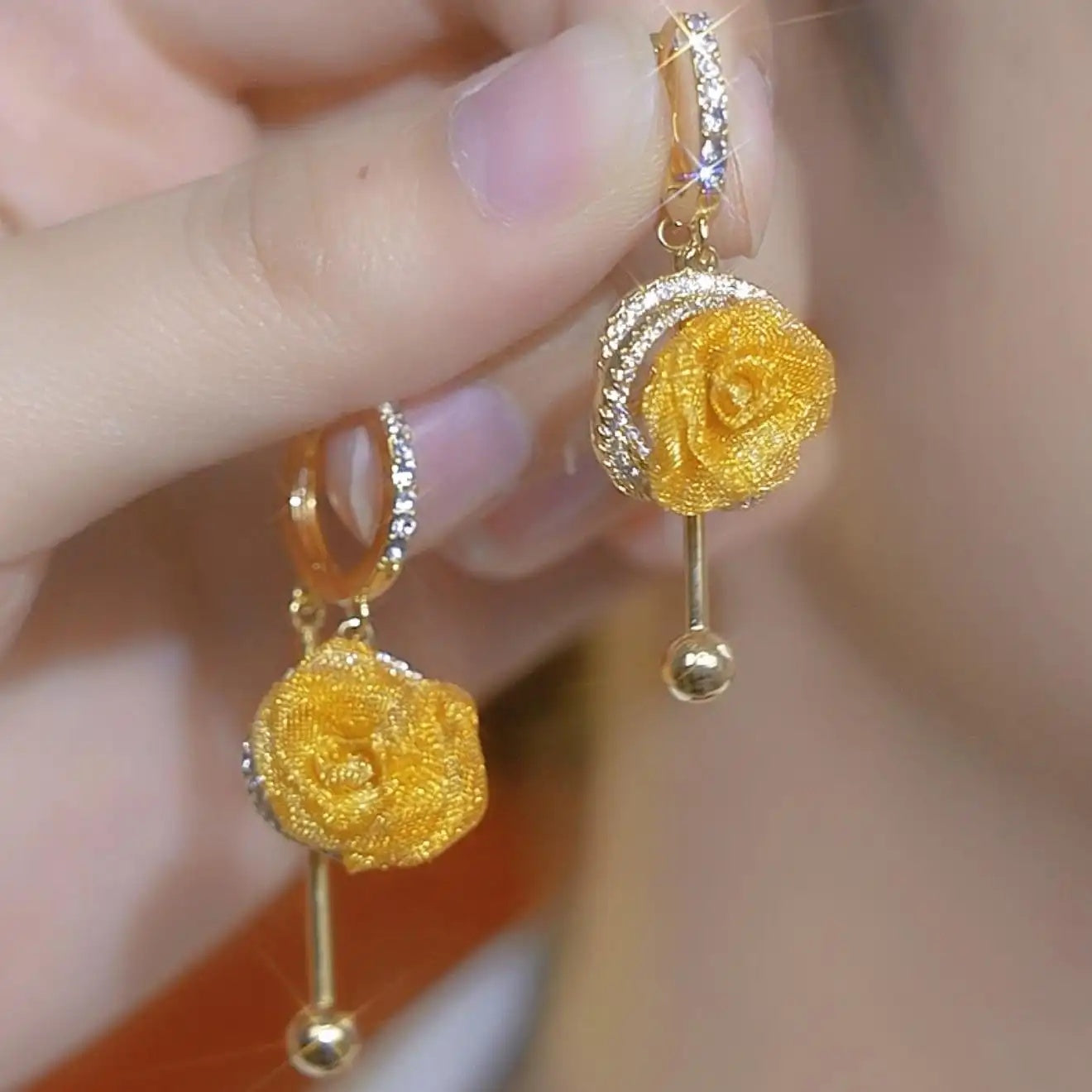 Gold Flower Tassel Long Floral Drop Earrings