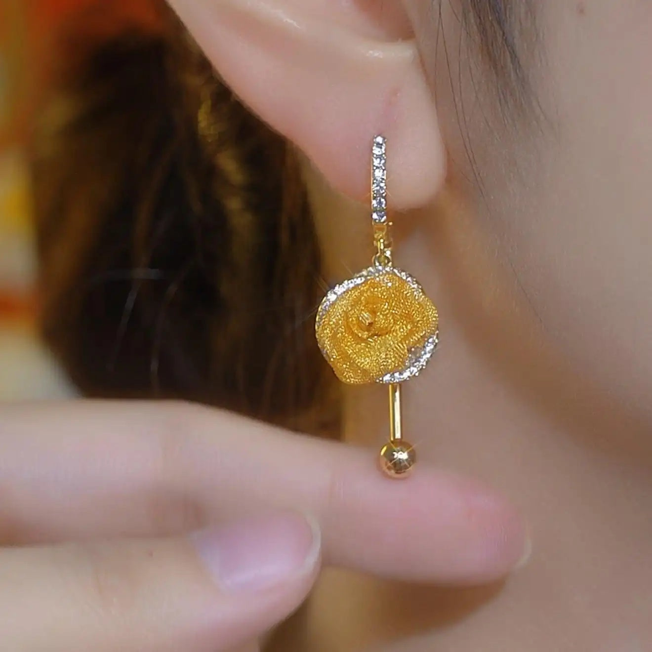 Gold Flower Tassel Long Floral Drop Earrings