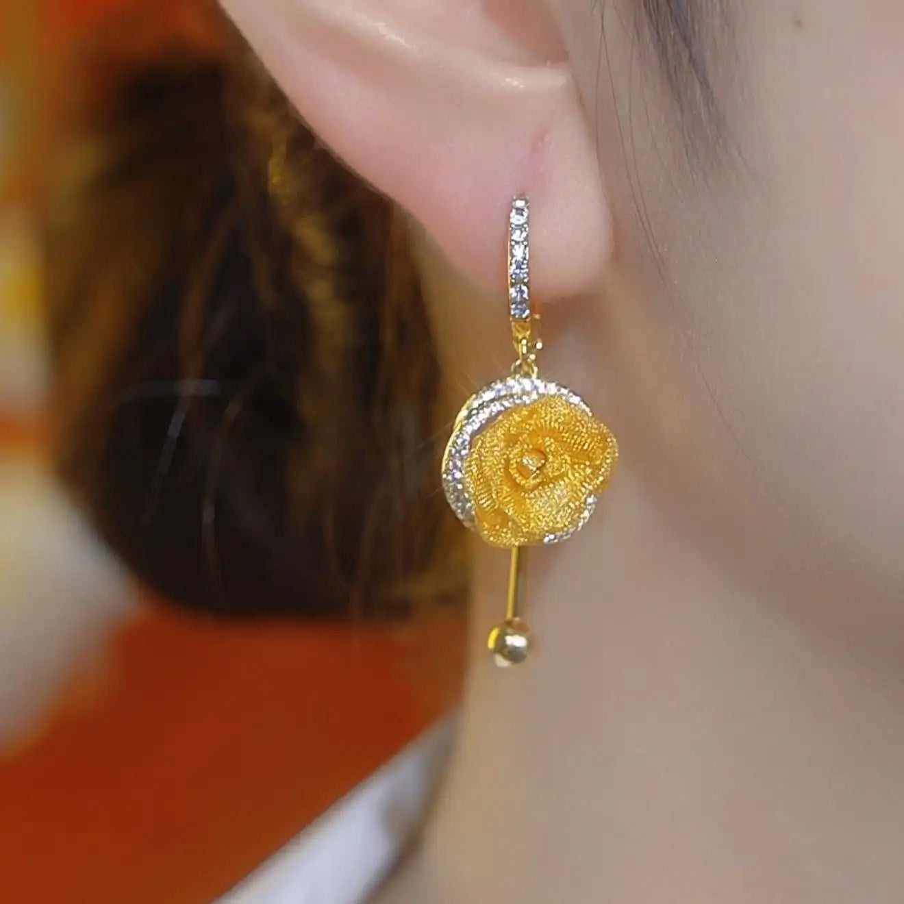 Gold Flower Tassel Long Floral Drop Earrings
