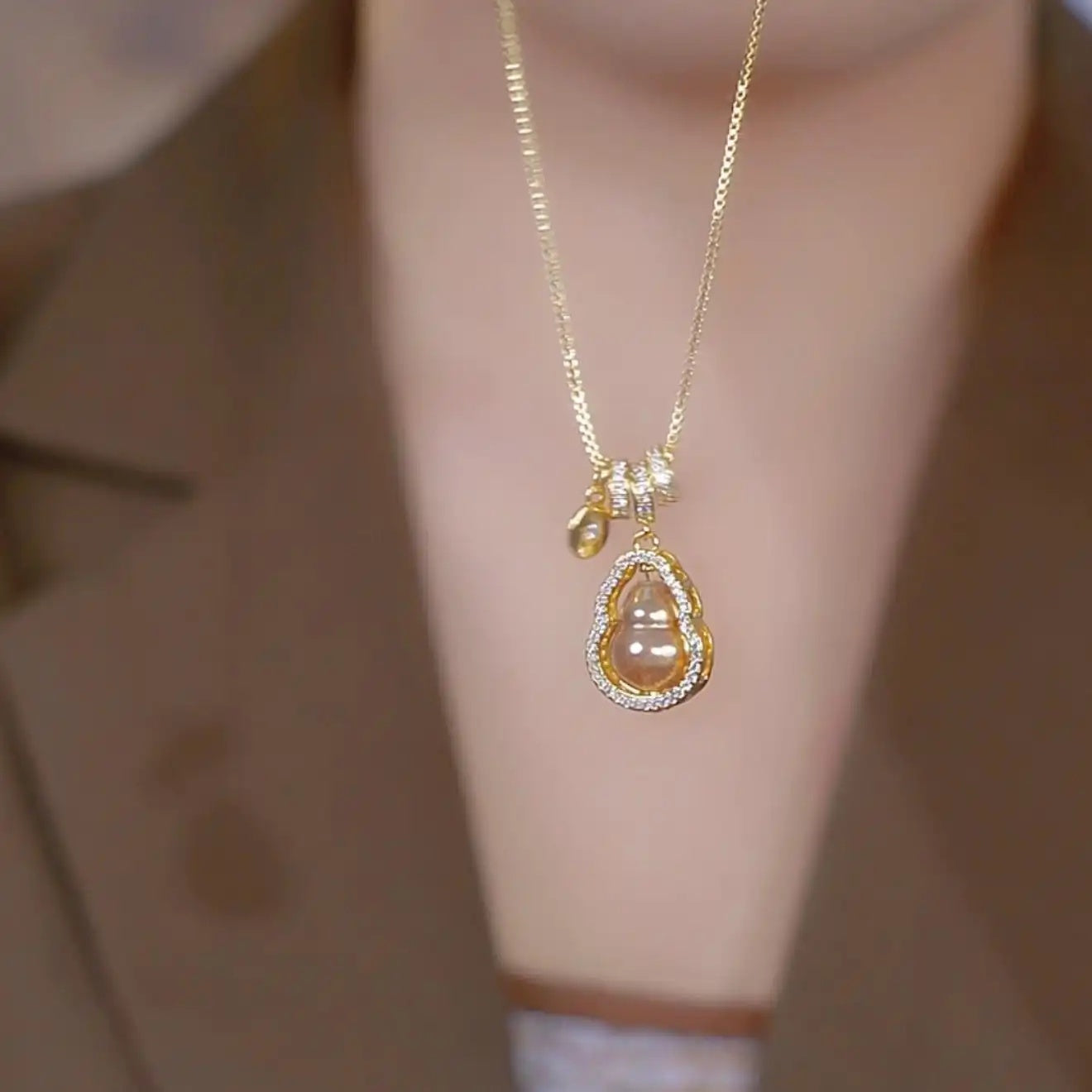 Gold Fu Character Gourd Pendant Necklace
