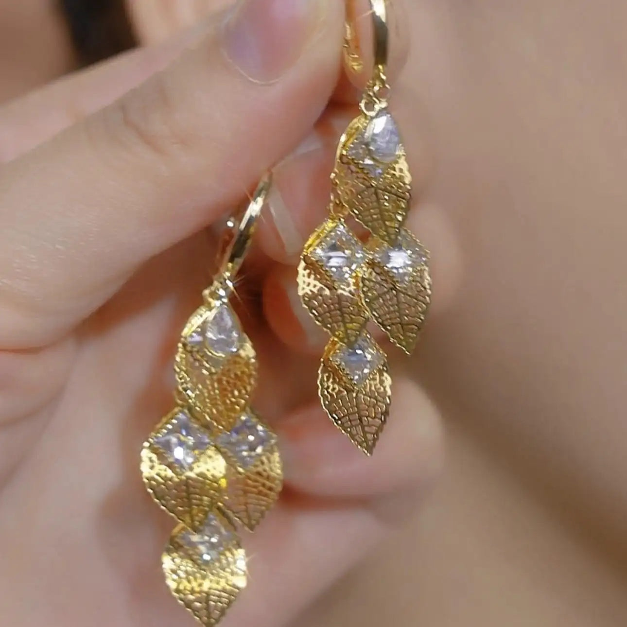 Gold Geometric Leaf Drop Earrings