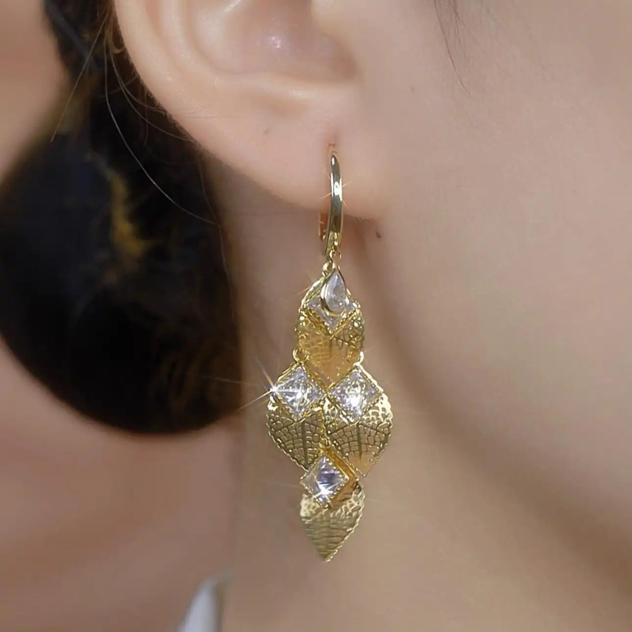 Gold Geometric Leaf Drop Earrings