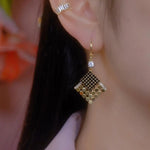 Gold Geometric Square Tassel Drop Earrings