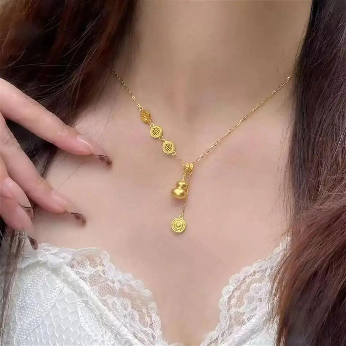 Gold Gourd Coin Lariat Necklace